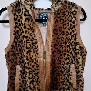 Leopard print front zip sleeveless hoodie